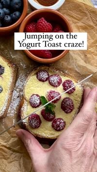 Shamelessly jumping on the Custard Yogurt Toast here!  It’s super simple and really quite tasty! I used brioche bread, not because I was trying to be boujee it’s just what I had in the freezer!   You’ll need;  • Half a cup of yogurt  • 1 egg  • Pinch of cinnamon  • 1 tbsp maple syrup  • 1/2 tsp vanilla  • Fruit of choice  • In my case the mixture covered 3 slices of brioche but if you use regular bread 2 slices should do it.  Mix together the yogurt, egg, cinnamon, vanilla and maple syrup. Using the back of a spoon make an indentation in the bread, spoon on the yogurt and top with fruit. Bake for approx 12 minutes at 180 oC (350 oF) or until the custard is just set.   • .  • .  • .  • .  • .  • ,  • #yogurttoast #brioche #briochetoast #yogurttoast #greekyogurt #breakfast #breakfastideas