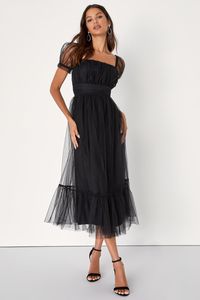 The Lulus Flawless Aura Black Tulle Puff Sleeve Ruffled Midi Dress is ready to be your plus one for any chic celebration this season! This dreamy dress is composed of layered tulle that shapes a lightly gathered bodice, a square neckline, and sheer puff sleeves (with elastic at the shoulders and cuffs). A pleated waistband tops a twirl-worthy, skater-style midi skirt that ends at a tiered ruffled hem. Hidden back zipper/clasp. Fit: This garment fits true to size. Length: Ankle length. Size mediu