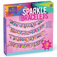 Get your shine on when you make these four sparkle charm bracelets to wear or share! It’s easy and fun to make – simply stick two puffy stickers together to make a charm and link it onto a bracelet. There are wild animals, mythical creatures, breakfast foods, and space-themed charms to choose from so you can create a bracelet unlike any other! • Kit makes 4 metal bracelets with sparkly sticker charms• Choose from 120+ puffy charms• Easy to make – just stick two puffy stickers together and link t