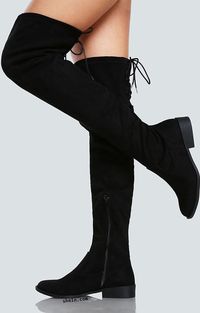 Faux Suede Back Lace Up Thigh High Boot BLACK