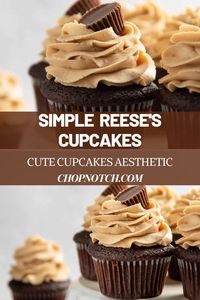 These Reese's Cupcakes are cute cupcakes to make at home! Did you know that you could make mouthwatering Reese's cupcakes with only 6 ingredients? These chocolate and peanut butter flavored cupcakes are perfect for fans of that peanutty Reese's Pieces taste! The texture is light yet rich and the recipe is so quick and easy that you can whip these up in under half an hour. #Cupcakes #EasyDesserts #CuteCupcakes