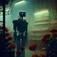 a painting of a cyborg in a flower shop , concept art by Simon Stalenhag, featured on tumblr, neo-primitivism, dystopian art, art on instagram, concept art