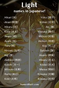 Explore a curated list of 120+ Japanese names that mean "light" for both male and female. Perfect for finding the ideal name for your baby, character, or creative project, these names embody the beauty and brilliance of light.   #JapaneseNames #LightNames #BabyNames #CharacterNames #NameInspiration #JapaneseCulture #MaleNames #FemaleNames #UniqueNames #BeautifulNames #JapaneseLanguage #NameIdeas #CulturalHeritage #RadiantNames #ShiningNames