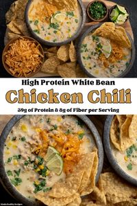 A high protein and high fiber white chicken chili recipe made with ground chicken, white beans, and light cream cheese. Each serving has 29 grams of protein, 8 grams of fiber, and only 330 calories.