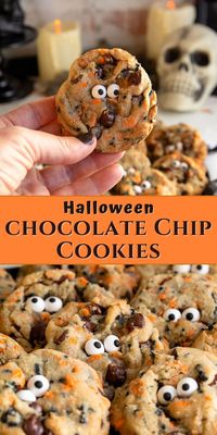 These easy Halloween Chocolate Chip Cookies have 10 minute prep time and use sprinkles and candy eyes for a deliciously fun and simple halloween treat.