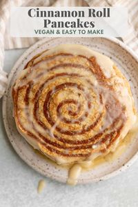 These Vegan Cinnamon Roll Pancakes are a fluffy and delicious option for those wanting to save time in the kitchen, but also want a a fantastic holiday breakfast or brunch option.