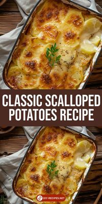 Try this classic Scalloped Potatoes recipe! Sliced potatoes in a creamy sauce with onions and garlic, baked to perfection. Perfect side dish for any meal!