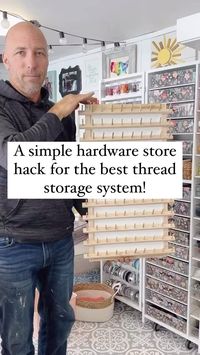 This is the easiest hardware store hack for storing your spools of thread! Mike came up with this idea and it’s pretty brilliant. I have 2 words for you… Drawer slides. That’s it! Apply drawer slides to the back of those wooden thread spool holders that you can get @joann_stores for the perfect thread storage! It’s easy to get to, but yet your thread rack is out of the way! Save and share this post for later so you can do this too!! #thread #sewing #sewingthread #joannfabrics #mad...