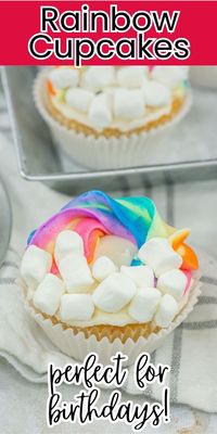 These fun rainbow birthday party cupcakes are a moist and fluffy vanilla cupcake topped with swirled rainbow buttercream and mini marshmallows.  These easy rainbow cupcakes are perfect for birthdays, st patricks day and more. Rainbow Party Desserts, Rainbow Birthday Desserts, Rainbow Cupcakes For Girls Birthday, Cupcakes With Rainbows On Top.