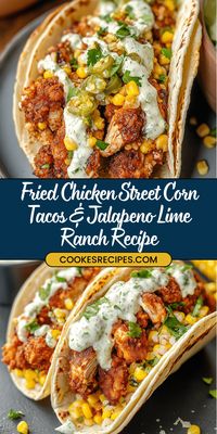 These Fried Chicken Street Corn Tacos with Jalapeno Lime Ranch are loaded with crispy chicken, smoky street corn salad, and a zesty ranch drizzle! Perfect for taco night or weekend get-togethers, these tacos bring the ultimate flavor punch. #ChickenTacos #StreetCornTacos #JalapenoRanch #TacoTuesday #EasyDinnerRecipes