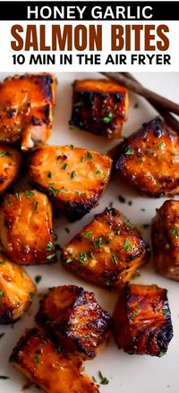 This quick and easy recipe for healthy Air Fryer Honey Garlic Salmon Bites offers succulent, bite-sized pieces of salmon coated in a sweet and garlicky sauce, cooked to perfection in your air fryer or Ninja Foodi in under 15 minutes! Make for meal prep and serve with rice, quinoa, in a stir fry, or on top of steamed vegetables!