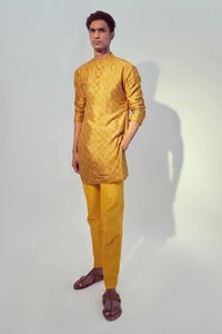 Buy Drishti & Zahabia- Men Yellow Modal Silk Printed Kurta And Pant Set Online | Aza Fashions