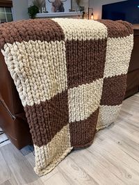 Checkered hand knit chunky blanket  50x60 inches