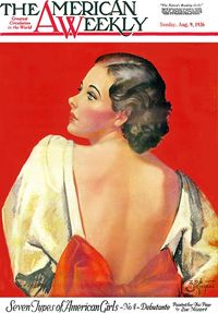 American Weekly, "Debutante" (August 9, 1936) artist Zoë Mozert She contributed covers to Hearst's American Weekly in addition to the pulps..