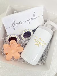 "-----DETAILS---- This listing is for a flower girl gift set which includes:  - ONE toddler water bottle with flower girl design  - ONE pair of daisy sunglasses - ONE flower girl t-shirt  (toddler, youth and adult sizes are available)  - ONE flower hair clip - ONE box measuring 8x8x4inches with \"will you be my flower girl\" wording on inside lid  Boxes that ship to recipient are assembled with crinkle fill. 2 or more  Boxes ship flat and unassembled unless otherwise noted:  Crinkle paper availa