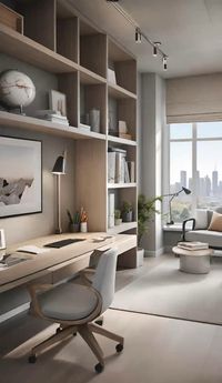 A modern sleek home office design incorporates functional furniture, integrated storage solutions, and sleek, ergonomic seating. The color scheme is neutral with pops of muted tones. The space features ample natural light and high-tech accessories for maximum efficiency.  #office #officedecor #home #homedesign #homeoffice #interior #interiordesignideas #modern #moderndecor #cozy