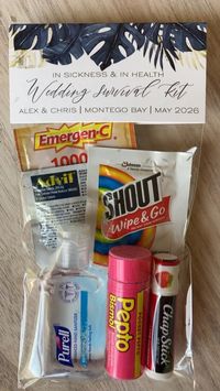 This is the perfect wedding favor to include in welcome baskets for out of town guests! Show your beach destination wedding guests that you have their back in sickness and in health with this gorgeous and practical wedding hangover recovery kit topper! You'll get a customized topper with any text of your choice and a clear cellophane bag. Fill the kit with the travel-sized items of your choice. Your guests will love these destination wedding hangover survival kits! Shop these and many other cus