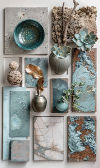 Interior design moodboard turquoise and organic materials like stone