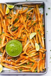 Easy Baked Jicama Fries | Low-Carb, Keto, GF + Vegan! | Forget about French fries and make these baked jicama fries instead! These are GF, vegan, keto, clean eating, healthy, and low-carb fries. They taste like a savory crunchy fry and are so easy to make. Bonus - remember to make my easy chimichurri sauce for dipping your new favorite low carb fries. | A Sweet Pea Chef #jicamafries #jicama