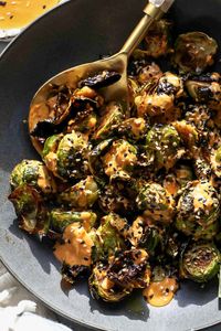 Crispy Brussels Sprouts with Kimchi Sauce - Dishing Out Health