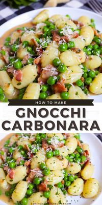 Gnocchi Carbonara - easy dinner recipe with soft gnocchi, bacon and cheese.