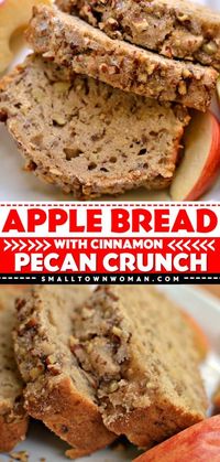 Your holiday brunch party must have this apple pecan sweet bread! Not only is this easy apple bread moist, but it is also topped with a cinnamon pecan crunch. Put this apple food idea on your fall baking recipes!