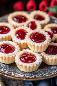 Assorted mini raspberry almond tarts displayed on a silver tray, each tart with a golden crust, filled with rich raspberry jam, and topped with a light dusting of powdered sugar.