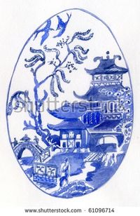 Traditional Blue and White Willow Pattern Design in an Oval Shape.