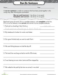 Worksheets: Work on Writing: Run-On Sentences …