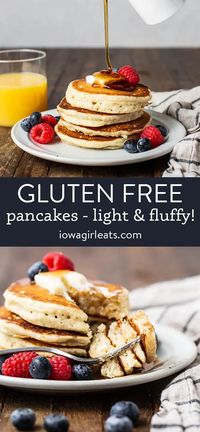 Easy Gluten Free Pancakes are light, fluffy, and made with fridge and pantry staples in minutes. Meet your new, go-to gluten free pancake mix! iowagirleats.com vegan pancakes, dairy free pancakes, gluten free breakfast recipes, gluten free brunch recipes, gf pancakes