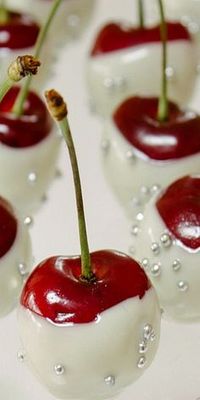 Cherries dipped in White Chocolate with Silver Sugar Pearls - wouldn't this be pretty done with strawberries too?