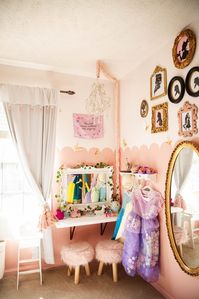 Girls shared Disney Princess bedroom with vanity in the corner