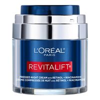 Revitalift Fragrance free Pressed night moisturizer with Retinol, Niacinamide, soothing complex to visibly reduce wrinkles, even tone. Dermatologist tested L'Oreal Paris Revitalift Pressed night moisturizer with Retinol, Niacinamide, 1.7 oz; Revitalift Pressed Night Cream to visibly reduce wrinkles, even tone and deeply moisturize Retinol, Niacinamide are balanced with soothing ingredients- Panthenol, Glycerin, Hyaluronic acid Our first fresh-pressed jar is hygienic, easy to dose Fragrance free, Dermatologist tested for safety