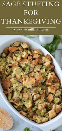 This classic Sage Stuffing Recipe for Turkey is filled with all the savory, familiar flavors of the holidays. It's made with dried bread cubes, savory sage seasoning and chicken broth. It’s delicious and easy, pairs so well with poultry, and makes a great side dish for any holiday meal!