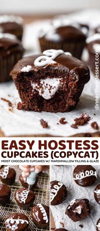 Hostess Cupcakes (Copycat) is the perfect moist chocolate cupcake with marshmallow cream filling, fudgy chocolate glaze, and piped white glaze on top.