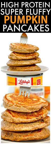 Healthy THICK and FLUFFY Pumpkin Pancakes packed with protein and NO sugar- Seriously, SO fluffy and perfect to keep you full all day! {vegan, gluten free, sugar free recipe}- thebigmansworld.com