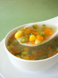 Sweet Corn, cream style: 1 tin Sweet corn kernels: 1/2 cup (boiled) Vegetable stock: 1.25 litres (5 cups) OR water French beans: 8 (finely chopped)