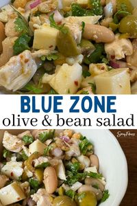 This Blue Zone Bean Salad is packed with fresh herbs, chickpeas, white beans, mozzarella, olives, and a homemade dressing. This high fiber and high protein salad is perfect for meal prep! #bluezonerecipes #bluezone