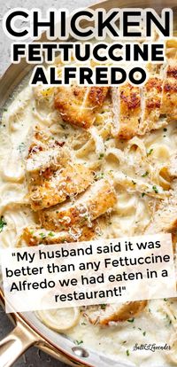 Chicken pasta with a dreamy parmesan garlic cream sauce? Yes please. This homemade creamy chicken fettuccine Alfredo recipe definitely rivals what you'd get at a restaurant! It's a 30 minute comfort food treat.