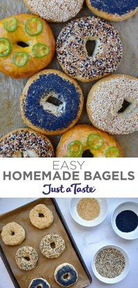 This easy bagel recipe is totally foolproof and made with simple pantry ingredients. The result is the best hot, chewy homemade bagels you’ve ever tasted! #justatasterecipes