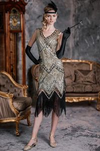 [US Warehouse] Champagne 1920s Sequined Flapper Dress | Retro Stage