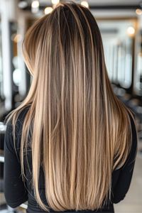 These long, luxurious dark brown locks flow gracefully, highlighted with a soft butter blonde that gives the hairstyle a sun-kissed finish. It's a timeless style that radiates with warmth. Click here to see more stunning dark brown hair with blonde highlights ideas.