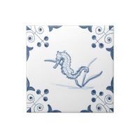 Delft Seahorse Tile with Scroll Corners