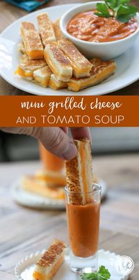 Transform the timeless duo of grilled cheese and tomato soup into chic appetizers perfect for any occasion. This Mini Grilled Cheese and Tomato Soup combo is perfect for parties, gatherings, or a special dinner treat. #grilledcheese #tomatosoup #appetizer #gourmet