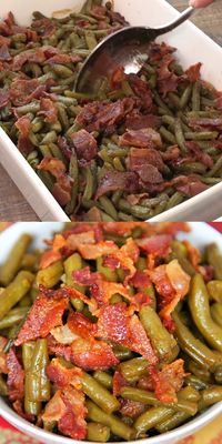 Smothered Green Beans - canned green beans baked in bacon, brown sugar, butter, soy sauce and garlic. This is the most requested green bean recipe in our house. Everybody gets seconds. SO good!! Great for a potluck. Everyone asks for the recipe! Super easy to make. #sidedish #greenbeans #video #cookingvideo #recipevideo #casserole