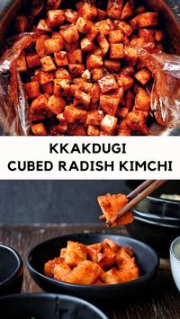 Crispy and crunchy Kkakdugi -- cubed radish kimchi! An easy first kimchi to make at home. Nothing like a bite of pungent, juicy, crispy, spicy Kkakdugi to make every meal taste better!  Make in a big bowl and pack into jars for the perfect bite of spicy fermented goodness .