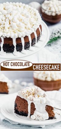 Ever wanted to drink your hot chocolate and eat it too? Well now you can, in cheesecake form! This decadent Hot Chocolate Cheesecake tastes like pure holiday greatness! A simple oreo crust with the creamiest marshmallow filled chocolate cheesecake and a gooey marshmallow topping! | queensleeappetit.com #hotchocolate #hotchocolaterecipes #chocolate #chocolatecheesecake #winter #dessert