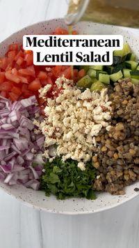 10min · 3 servings     Ingredients:   • 1 cup cucumber   • 1 cup tomato   • 1/2 cup red onion  • 1 1/2 cup cooked lentils   • 1/4 cup feta cheese  • 1/4 cup fresh parsley   Dressing:   • 1/4 cup extra virgin olive oil   • 2 tbsps red wine vinegar   • Juice of 1/2 lemon   • 1 tbsp maple syrup   • 1 tsp Dijon mustard   • 1 tsp minced garlic   • 1/2 tsp salt   • 1/4 tsp pepper   • 1 tsp dried oregano   I used Trader Joe’s pre-made lentils and Mediterranean feta cheese.