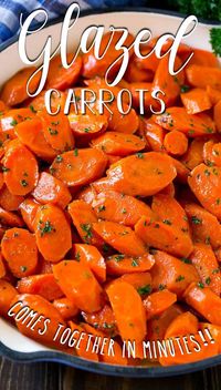 These glazed carrots are tender carrot coins simmered in a mixture of brown sugar and butter and topped with a sprinkling of parsley.