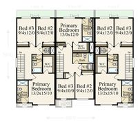 This New American Farmhouse Style Townhouse Plan is a 3-unit townhouse triplex with a flexible 3-story floor plan. Each of the three units features 3-4 bedrooms, 3.5 baths, 2,153 square feet of living space, and a single front-entry garage on the ground level, with the main living area on the second floor. Architectural Designs' primary focus is to make the process of finding and buying house plans more convenient for those interested in constructing new homes - single family and multi-family on